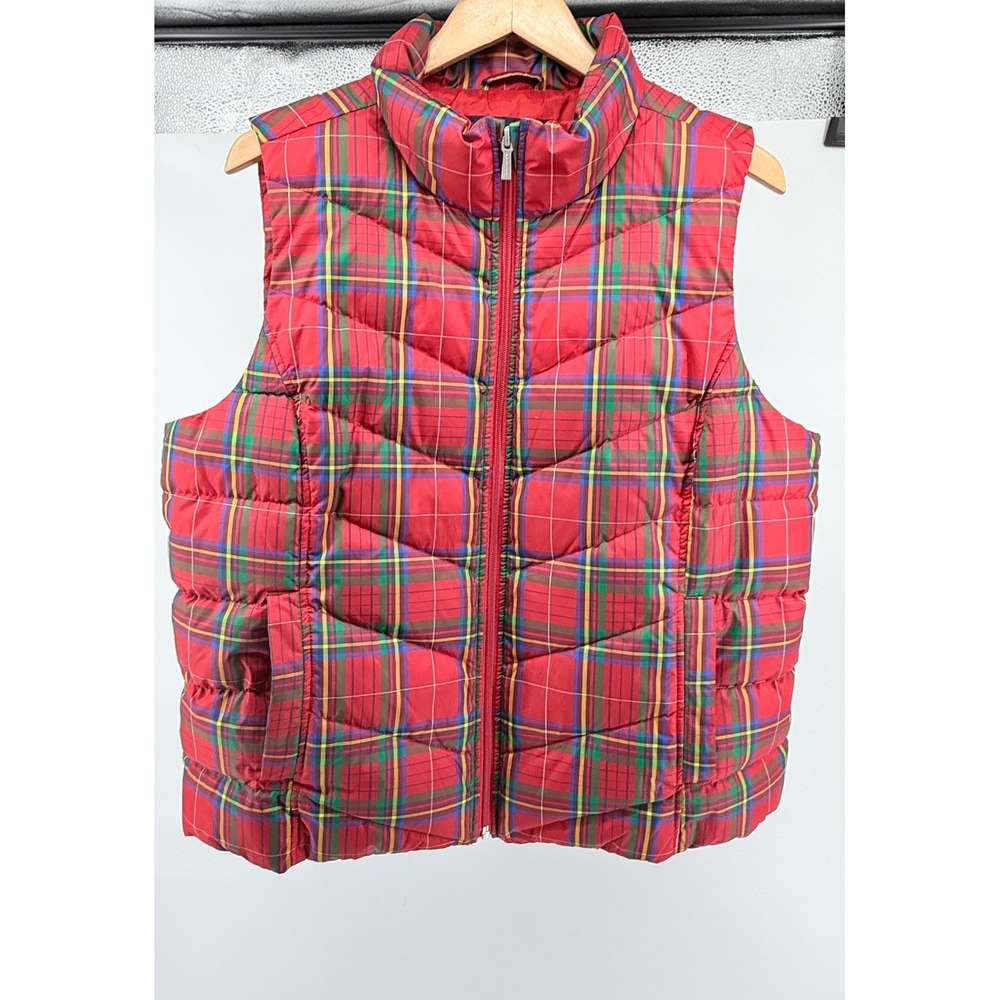 Lands End Womens Red Tartan Plaid Down Puffer Vest XL 18 Quilted Full Zip